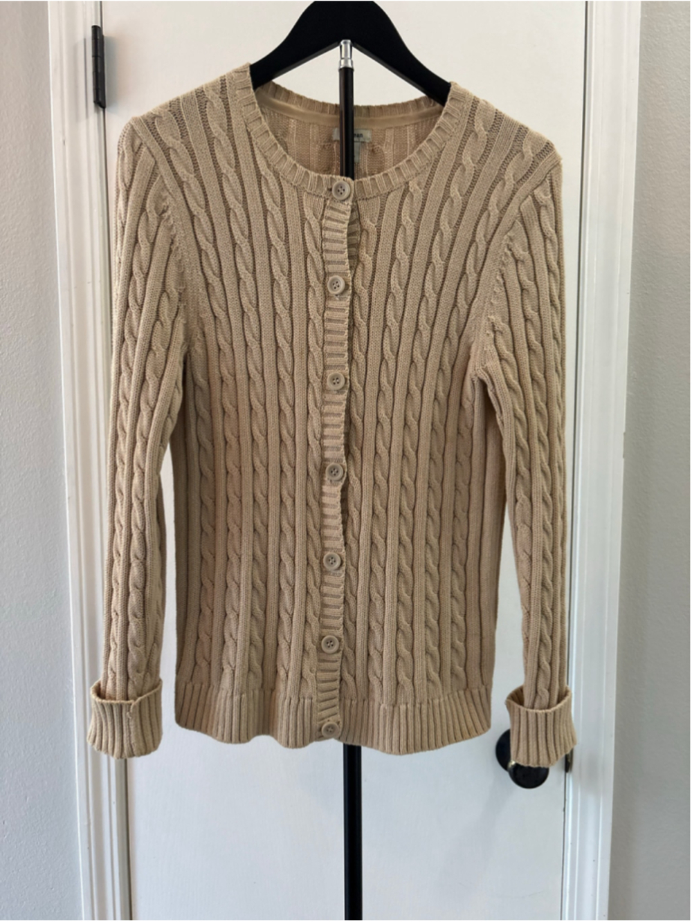 L.L.Bean Women’s S Cable Knit Cardigan 100% Cotton Beige Preppy Sweater
